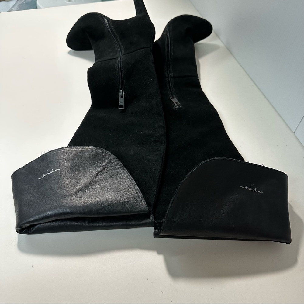 Joie Bentlee Genuine Suede Leather Heel Over The Knee Boots Sz 7 Black Retro - Picture 9 of 16
